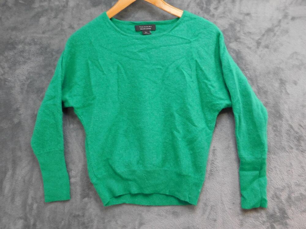 Tahari Sweater Pullover Womens M Green Crew Neck Long Sleeve 100% 2-Ply Cashmere